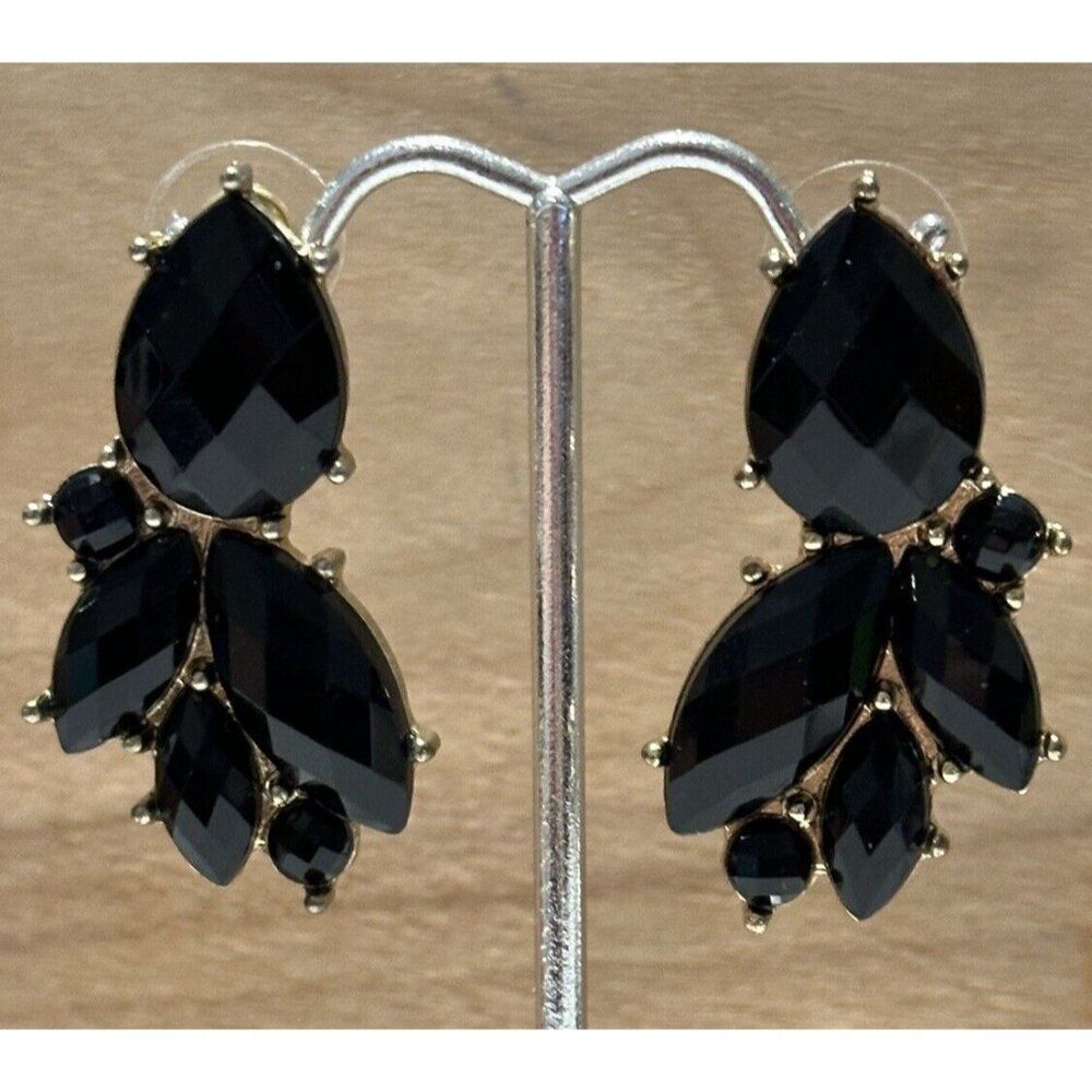 Gold Tone black marquise Faceted Statement Pendant Pierced earrings Formal